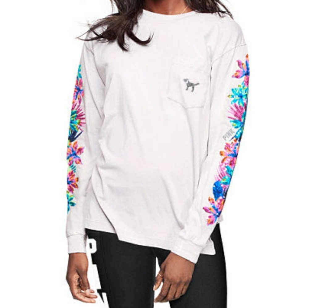 Vs PINK white Campus floral sequin long sleeve - Picture 1 of 6
